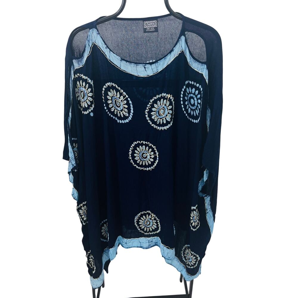 Highness Namaste Boho Kaftan Tunic Top One Size Blue Batik Mandala Embroidered